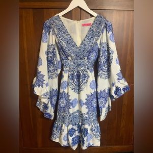 Betsey Johnson Blue/White Floral Dress Ruffles